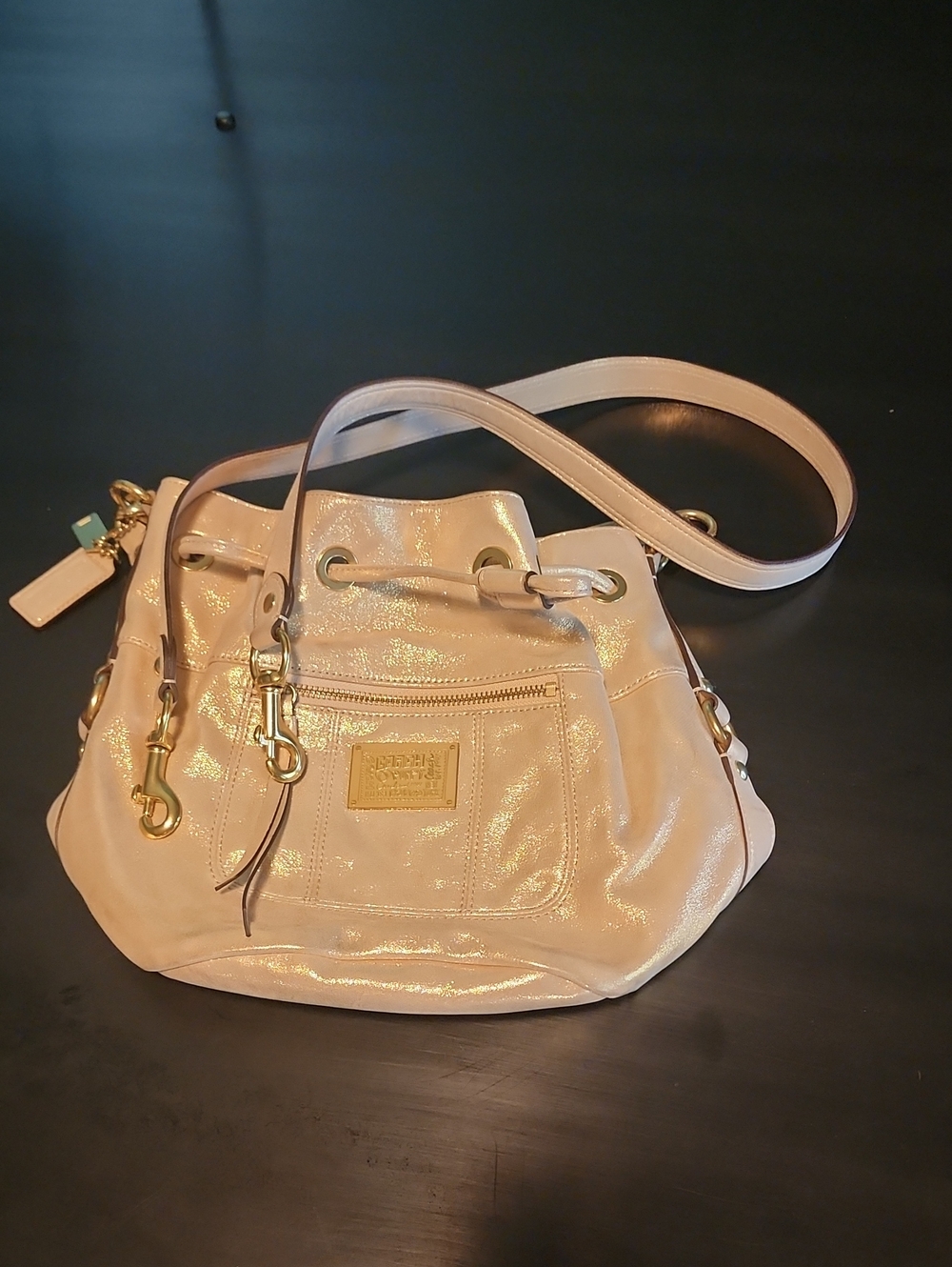 Vintage Coach Poppy Metallic Leather Cinch Bucket Bag Shimmer Gold 17926 Y2K
